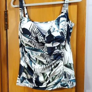 La Blanca White Navy Green Tropical Print Tankini Top